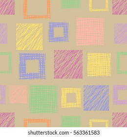 Seamless vector geometrical pattern with squares. Brown endless background with hand drawn textured geometric figures. Graphic illustration Template for wrapping, web backgrounds, wallpaper.