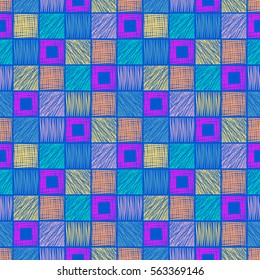 Seamless vector geometrical pattern with squares. Blue background with hand drawn textured geometric figures. Graphic illustration Template for wrapping, web backgrounds, wallpaper, print surface