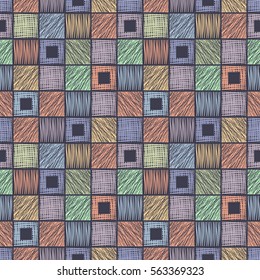 Seamless vector geometrical pattern with squares. Blue background with hand drawn textured geometric figures. Graphic illustration Template for wrapping, web backgrounds, wallpaper, print surface