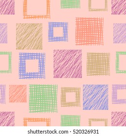 Seamless vector  geometrical pattern with squares.Pink pastel endless background with  hand drawn textured geometric figures. Graphic vector illustration.