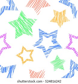 Seamless vector  geometrical pattern with stars. Colorful pastel endless background with  hand drawn textured geometric figures. Graphic vector illustration.
