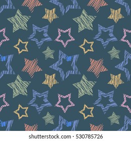 Seamless vector  geometrical pattern with stars. Blue endless background with  hand drawn textured geometric figures. Graphic vector illustration Template for wrapping, web backgrounds, wallpaper.