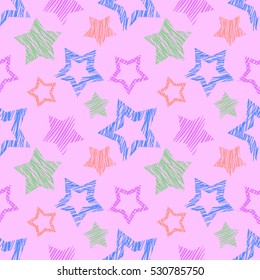 Seamless vector  geometrical pattern with stars. Pink endless background with  hand drawn textured geometric figures. Graphic  illustration Template for wrapping, web backgrounds, wallpaper..