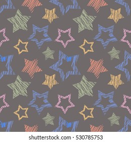 Seamless vector geometrical pattern with stars. Blue endless background with  hand drawn textured geometric figures. Graphic  illustration Template for wrapping, web backgrounds, wallpaper..