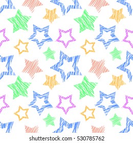 Seamless vector  geometrical pattern with stars. Colorful endless background with  hand drawn textured geometric figures. Graphic  illustration Template for wrapping, web backgrounds, wallpaper.