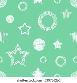 Seamless vector  geometrical pattern with stars, circle. Green endless background with  hand drawn textured geometric figures Graphic  illustration Template for wrapping, web backgrounds, wallpaper..