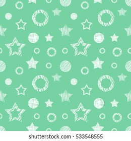 Seamless vector  geometrical pattern with stars, circles. Green endless background with  hand drawn textured geometric figures. Graphic  illustration Template for wrapping, web backgrounds, wallpaper.