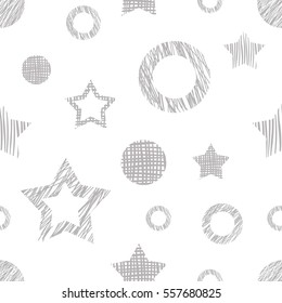 Seamless vector geometrical pattern with stars, circles. endless background with hand drawn textured geometric figures. Graphic illustration Grey Template for wrapping, web backgrounds, wallpaper.
