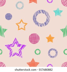 Seamless vector geometrical pattern with stars, circles. endless background with hand drawn textured geometric figures. Graphic illustration Pink Template for wrapping, web backgrounds, wallpaper.