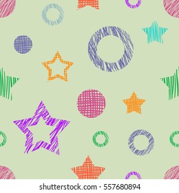 Seamless vector geometrical pattern with stars, circles. endless background with hand drawn textured geometric figures. Graphic illustration Green Template for wrapping, web backgrounds, wallpaper.