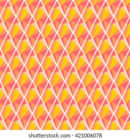 Seamless vector geometrical pattern. Symmetrical background with rhombus in red and yellow color. Polygonal design. Geometric triangular origami style, graphic illustration. 