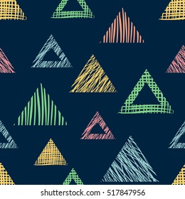 Seamless vector  geometrical pattern with triangles. Blue endless background with  hand drawn geometric figures. Graphic vector illustration endless pattern