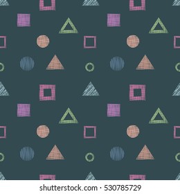 Seamless vector  geometrical pattern with triangles, circle, square Blue endless background with  hand drawn textured geometric figures Graphic illustration for wrapping, web backgrounds, wallpaper..