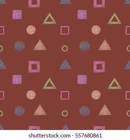 Seamless vector geometrical pattern with triangles, circle, square endless background with hand drawn textured geometric figures Brown Graphic illustration for wrapping, web backgrounds, wallpaper.