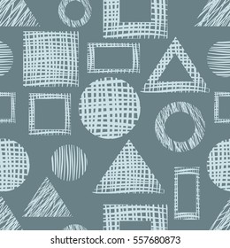 Seamless vector geometrical pattern with triangles, circle, square endless background with hand drawn textured geometric figures Blue Graphic illustration for wrapping, web backgrounds, wallpaper.