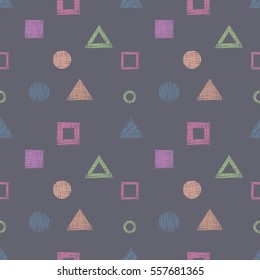 Seamless vector geometrical pattern with triangles, circle, square endless background with hand drawn textured geometric figures Grey Graphic illustration for wrapping, web backgrounds, wallpaper.
