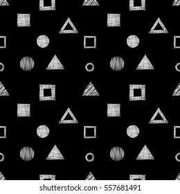 Seamless vector geometrical pattern with triangles, circle, square endless background with hand drawn textured geometric figures Black and white Graphic illustration for wrapping, web backgrounds.