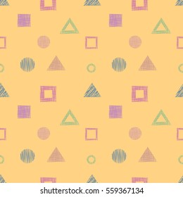 Seamless vector geometrical pattern with triangles, circle, square Yellow endless background with hand drawn textured geometric figures Graphic illustration for wrapping, web backgrounds, wallpaper.