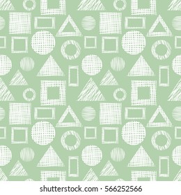 Seamless vector geometrical pattern with triangles, circle, square endless background with hand drawn textured geometric figures Graphic illustration for wrapping, web backgrounds, wallpaper.