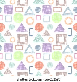 Seamless vector geometrical pattern with triangles, circle, square endless background with hand drawn textured geometric figures Graphic illustration for wrapping, web backgrounds, wallpaper.