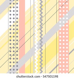 Seamless vector geometrical pattern. Yellow Endless background with lines, dots, stripes, zig zag, diagonal. Graphic illustration. Print for cover, fabric, wrapping, web background..