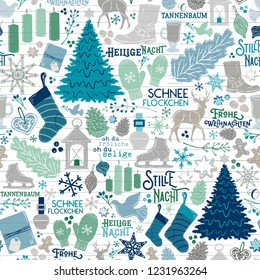 Seamless Vector German Christmas Holiday Traditions in Teal, Green, Navy on Shiplap Wood Planks. Great for wrapping paper, backgrounds, paper crafting, textiles, home decor, parties, invitations.