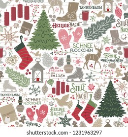 Seamless Vector German Christmas Holiday Traditions In Red, Green, Brown On Shiplap Wood Planks. Great For Wrapping Paper, Backgrounds, Paper Crafting, Textiles, Home Decor, Parties, Invitations.