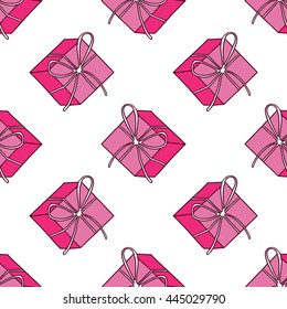 Seamless vector gift box pattern. Hand drawn present  illustration. Background for fabric, textile design and wallpaper