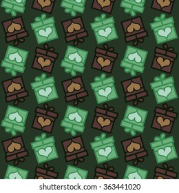 Seamless vector Gift pattern, gift boxes with hearts. Valentine's day background