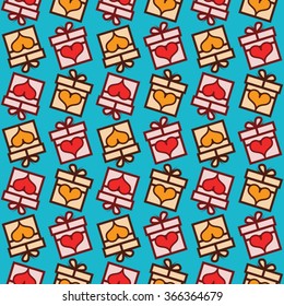 Seamless vector Gift pattern, gift boxes with hearts. Valentine's day background