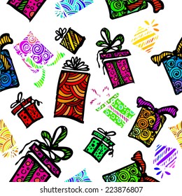 Seamless vector Gift pattern, red gift boxes on white background 