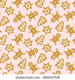 Seamless vector ginger cookies pattern on pink background. Christmas sweets repeat pattern