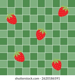 Seamless vector gingham pattern in green tones with scattered strawberries. Perfect for packaging, textiles, kitchen decor, picnic themes, summer products, stationery, and digital design.