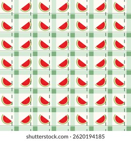 Seamless vector gingham pattern in green tones with scattered watermelon slices. Great for summer packaging, textiles, kitchen decor, picnic themes, stationery, and digital designs. - Powered by Shutterstock - Get 15% off with code: PIKWIZARD15