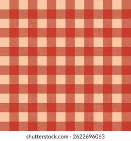 Seamless vector gingham plaid in warm red and beige tones with soft texture and rustic checkered look.