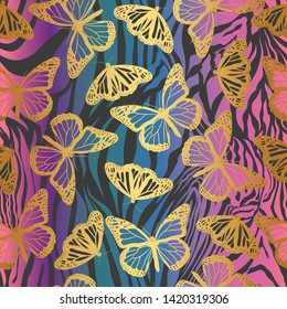 Seamless vector gold butterflies pattern. Butterfly on zebra print. Trendy animal motif wallpaper. Fashionable golden background for fabric, textile, design, banner, cover.