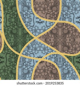 cadena de oro vectorial sin soldadura con patrón paisajista de material negro sobre fondo azul y marrón verde