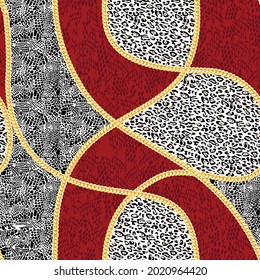 seamless vector gold chain with black leopard texture negative pattern on red and white background