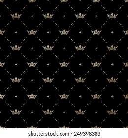 Seamless vector gold pattern with king crowns on a black background