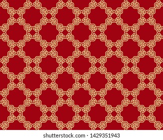 Seamless vector gold pattern on red background in Oriental style. Decorative ornament for printing on wallpaper, fabrics, packaging, ceramic tiles, postcards. Texture for background design.