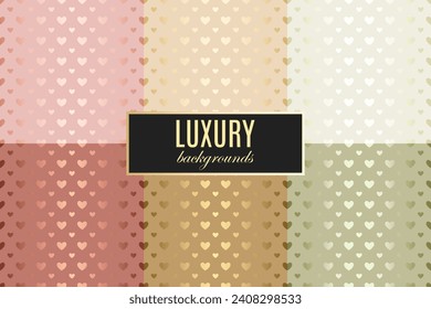 Seamless vector golden heart pattern. Valentine's day luxury background textures. Rose, yellow and green gold glitter foil wallpaper set. Glam confetti pattern. Mom love seamless background