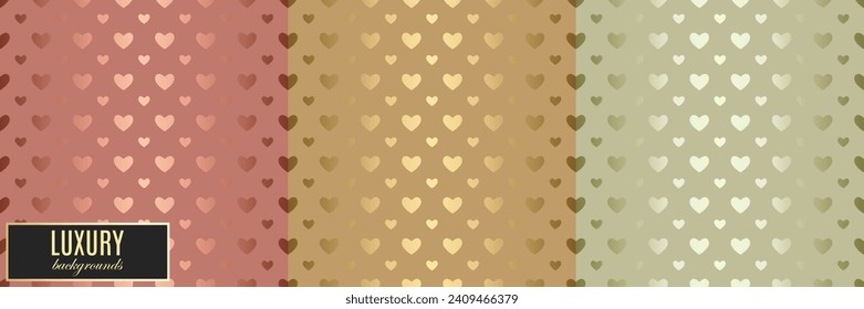 Seamless vector golden heart pattern. Valentine's day luxury background textures. Rose, yellow and green gold glitter foil wallpaper set. Glam confetti shiny patterns. Mom love seamless background