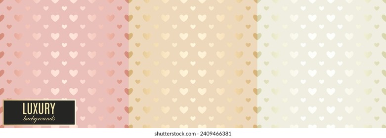 Seamless vector golden heart pattern. Valentine's day luxury background textures. Rose, yellow and green gold glitter foil wallpaper set. Glam confetti shiny patterns. Mom love seamless background