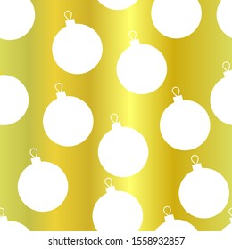Seamless vector golden pattern. Cute white Christmas balls on a gold background. Silhouettes of festive decorations on a shining background. New Year illustration for wallpapers, wrapping paper