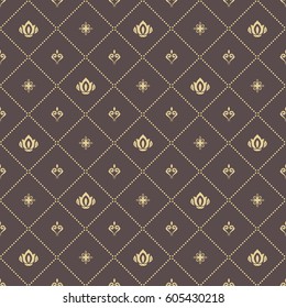 Seamless vector golden pattern. Modern geometric ornament with royal lilies. Classic vintage background