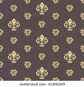 Seamless vector golden pattern. Modern geometric ornament with royal lilies. Classic vintage background