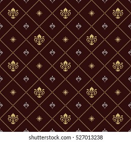 Seamless vector golden and silver ornament. Modern geometric pattern with royal lilies