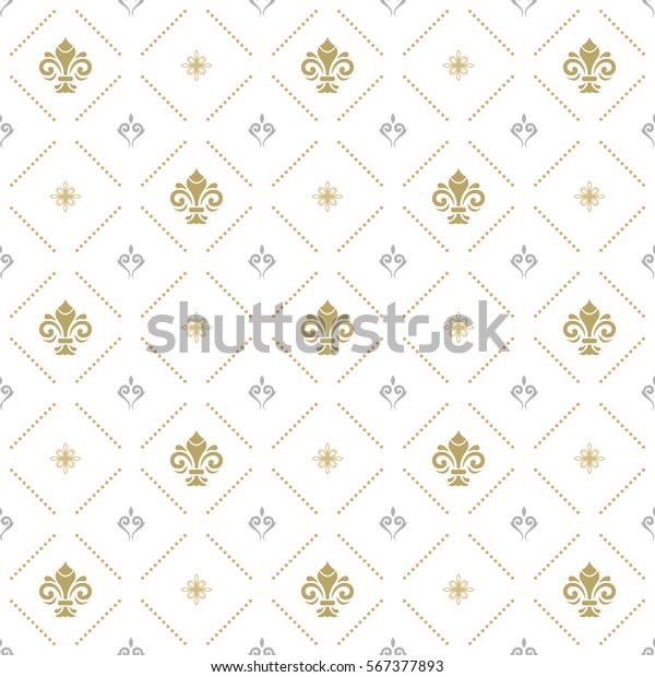 シームレスなベクター画像の金と銀の柄 ロイヤルリリーを持つ現代の幾何学的な装飾 クラシックビンテージ背景 のベクター画像素材 ロイヤリティフリー
