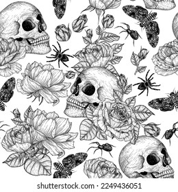 Seamless vector gothic pattern in engraving style. Graphic linear skull, roses, moth, spider