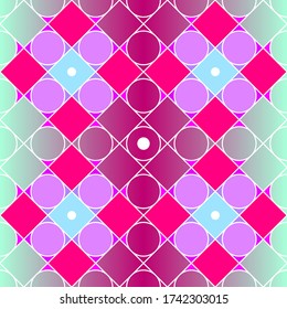 Seamless vector gradient pattern. Bright circles, rhombuses with white lines. Smooth color transition image.  Vector colorful illustration for wallpaper, wrapping paper, backgrounds, clothes, prints